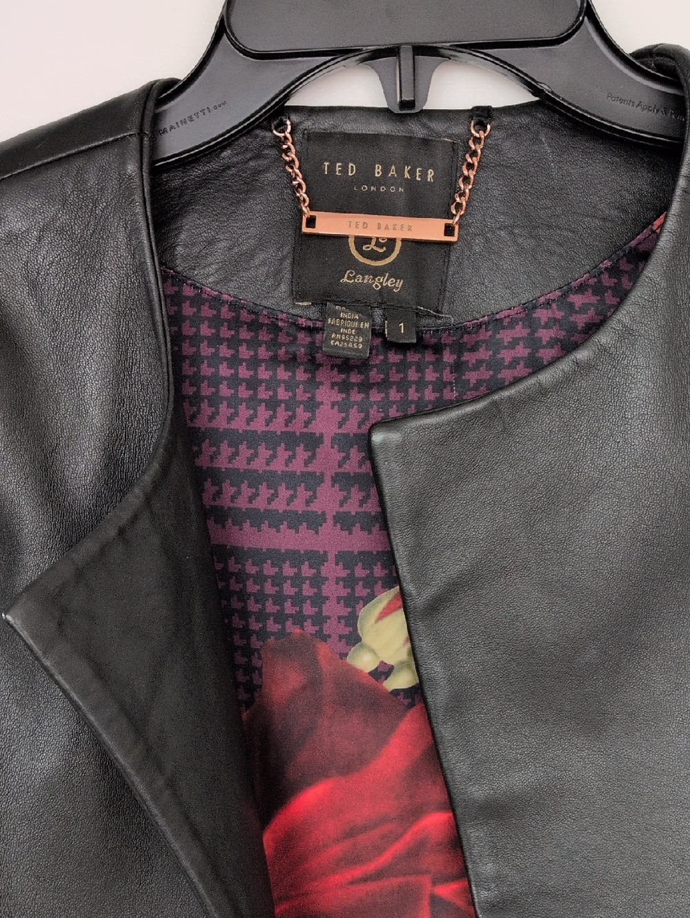 Ted Baker Black Leather Short Sleeve Jacket with  Red Floral Lining